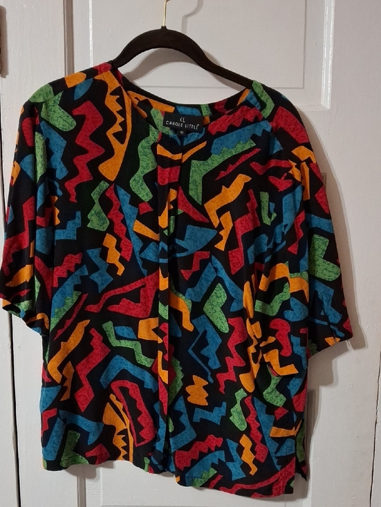 Carole Little Tops - Carole Little Black 100% Silk Multicolor Geometric Print Top (Mis154)
